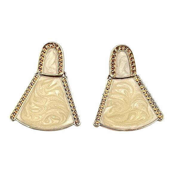 New Designer Statement Earrings Gold Cream Shimmer Enamel Women's 8N - Picture 3 of 3